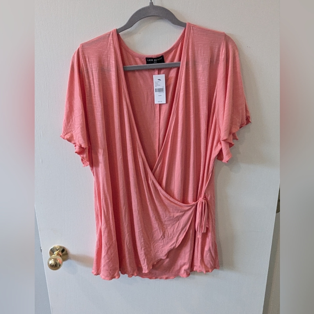 NWT Women's Lane Bryant Coral Flutter Sleeve Tie Front Top Blouse Size 18-20